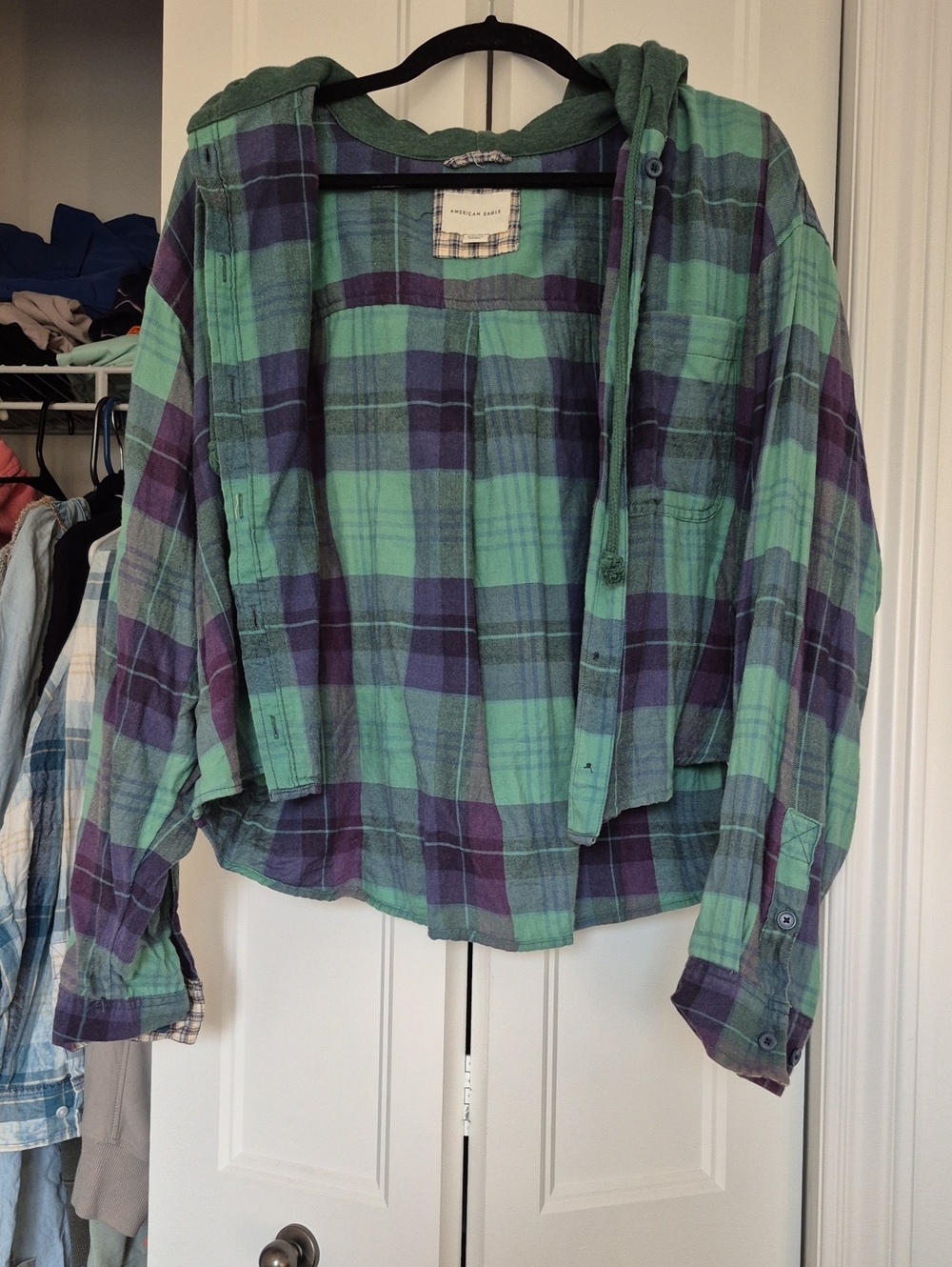 American Eagle Outfitters Green & Purple Plaid Hooded Shirt Crop Xl